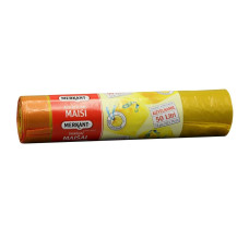 Atkritumu maisi 50L, 62x77cm, dzelteni, aizvelkami, 25mikr, LDPE, MERKANT, 12gab/rul, 18ru