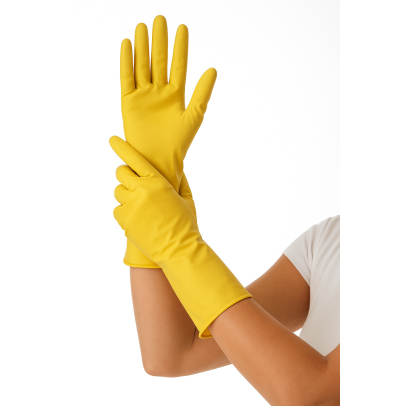 Gumijas cimdi ar floku GENTLE TOUCH, dzelteni, 380mik, M izmērs, 28cm, pāris