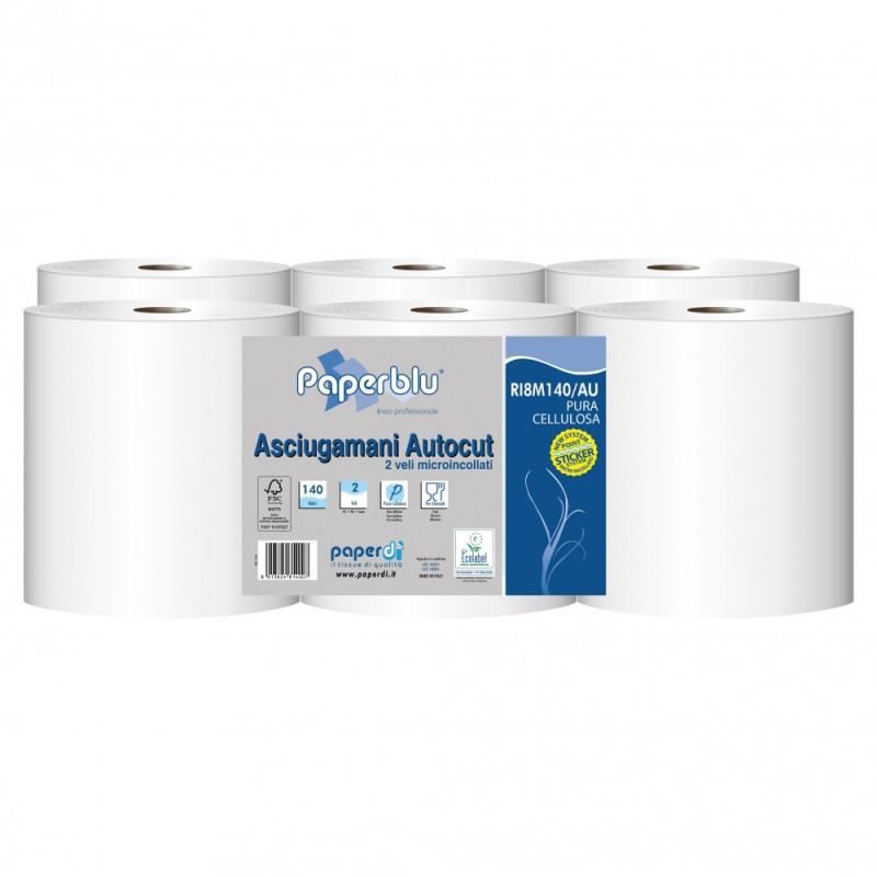 Papīra dvielis Autocut PAPERBLU, celuloze, 140 m.,  2 slani, ø 19 cm, 19,8x18,5cm, 20g/m2,