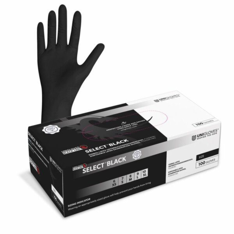 Lateksa cimdi SELECT BLACK EXTRA LONG, bez pūdera, S izmērs, 100gab