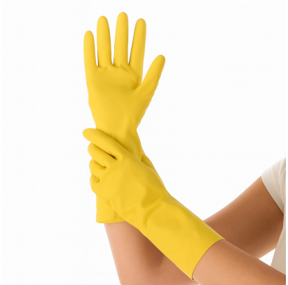 Gumijas cimdi ar floku GENTLE TOUCH, dzelteni, 380mik, XL izmērs, 28cm, pāris