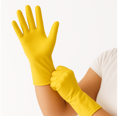 Gumijas cimdi ar floku GENTLE TOUCH, dzelteni, 380mik, L izmērs, 28cm, pāris