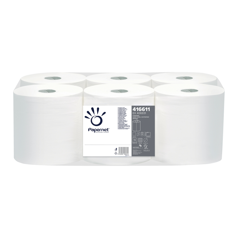 Roku dvielis STANDARD WHITE, rullis, 1-slāņa, 750 loksnes (36,5x20cm), 274m, ø 20cm,21g/m2