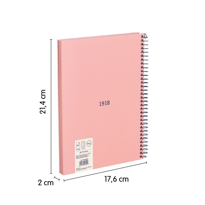 Klade A5, 80 lapas, rūtiņu ar spirāli, 95 gr. 430 Pink, MILAN