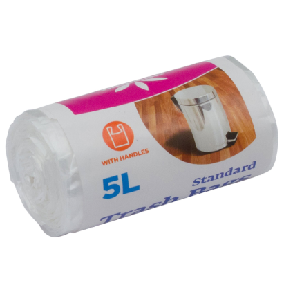 Atkritumu maisi ar rokturiem 5L, 10 micr., HDPE, baltie, 40gab/rul.