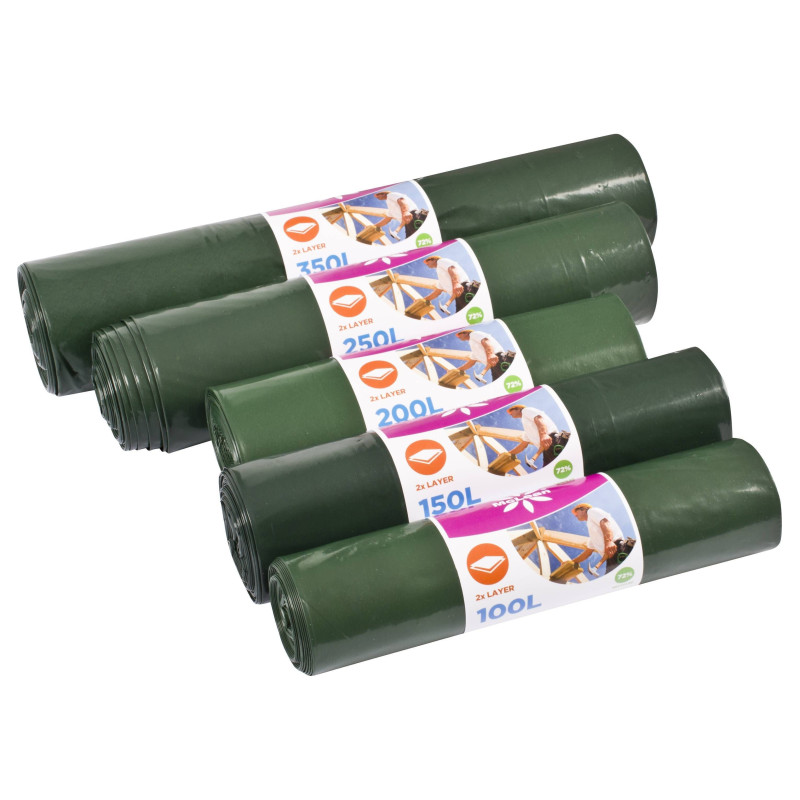 Atkritumu maisi 200L, 82x125cm, zaļi/melni, 60mikr, 2-kārt, LDPE, 5gab/rul, 21rul/kastē