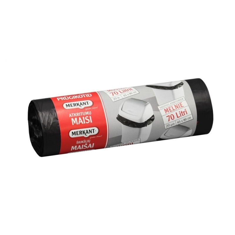 Atkritumu maisi 70L, 65x80cm, melni, 12mikr, HDPE, MERKANT, 20gab/rul, 28rul/kastē