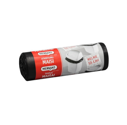 Atkritumu maisi 55L, 60x75cm, melni, 12mikr, HDPE, MERKANT, 20gab/rul, 28rul/kastē