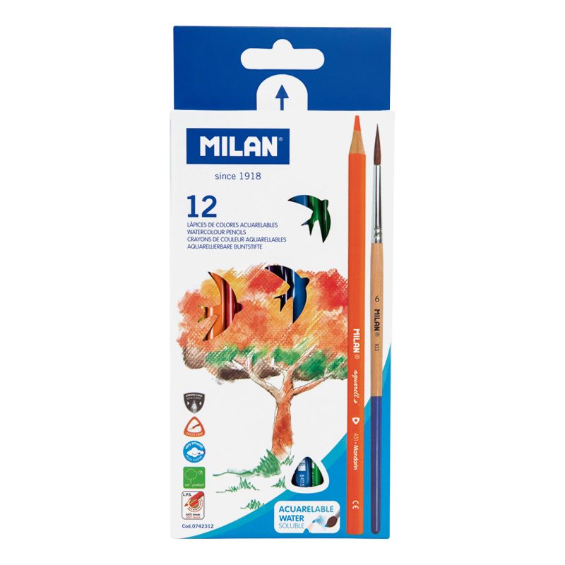Akvareļu zīmuļi, 12 krāsas, trīsstūrveida, MILAN