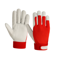 Elastīgi kazādas cimdi ar klipsi 10 izmērs balti/sarkani