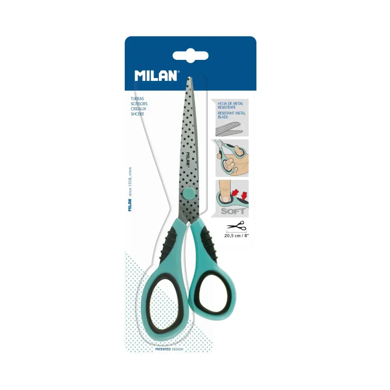 Šķēres ar ergonomiskiem rokturiem 20,5 cm, tirkīza, blisteru iepakojumā, MILAN