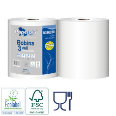 Industriālais papīrs BOBINA balta , celuloze, 3 slāņi, d. - 26cm., 800 lock., 25x25 cm., 1