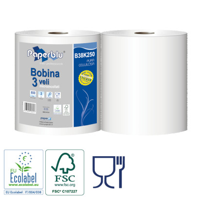 Industriālais papīrs BOBINA balts, celuloze, 3 slāņi, d-26cm. 800 loks. 25x25cm., 1 rullis
