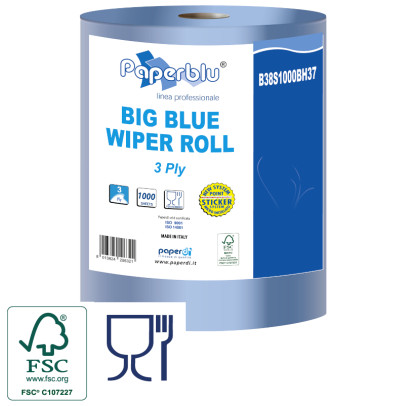 Industriālais papīrs SUPER BIG BLUE WIPER ROLL, zils, 3 slāņi, celulosa, d. - 34 cm, 340 m