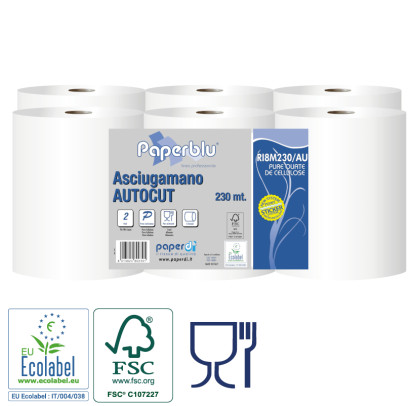 Roku dvielis Autocut,PAPERBLU, 2 slāņi,  celuloze, 230 m., d. - 19 cm, 16g/m2, 6gab/iep..