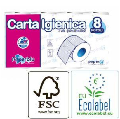 Tualetes papīrs PAPERBLU, celuloze, 2-slāņu, 8 ruļļi, 17,75 cm, 16m, ø10cm, 9,3 x 10,5 c