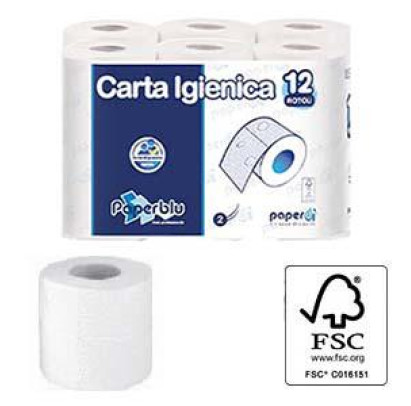 Tualetes papīrs PAPERBLU, 2-slāņu, 12ruļļi,165 loksnes/rullī, celuloze, 18m (L),9 cm (H),ø