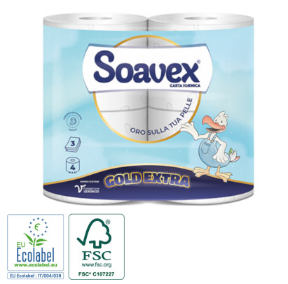 Tualetes papīrs SOAVEX Gold Extra, 4 ruļļi, celuloze, 3-slāņu, 42 m,  350 lock.,