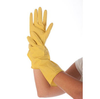 Gumijas cimdi ar floku GENTLE TOUCH, dzelteni, 380mik, S izmērs, 28cm, pāris