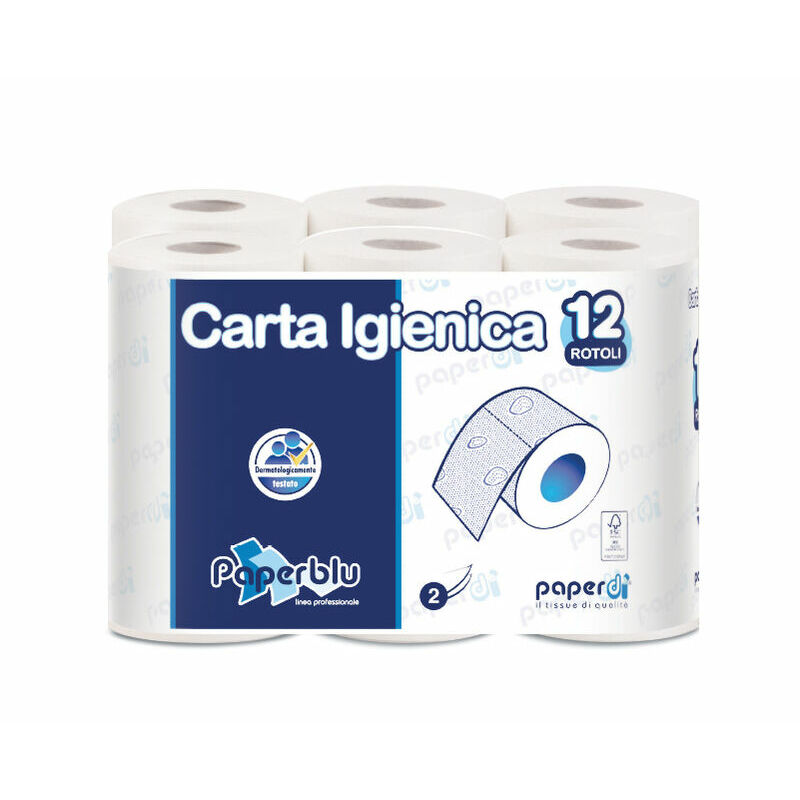 Tualetes papīrs PAPERBLU, 2-slāņu, 12ruļļi,165 loksnes/rullī, celuloze, 18m (L),9 cm (H),ø