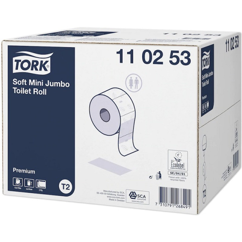 Tualetes papīrs Mini Jumbo Premium T2 TORK, 2-kārt,170m, 850lok, h-9.7cm, s.d.5.9cm (12gab