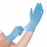 Lateksa cimdi "Skin", vidēji pūderēti, zili, 24 cm, S, (100 gab.), (10 iep/kastē)