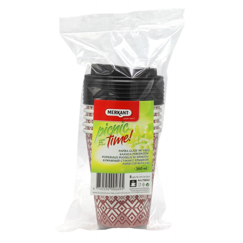 MERKANT Papīra glāzes, 360ml, ø 90mm, 1sl., komplekts ar vāku, 6 gab/35 iep. kastē