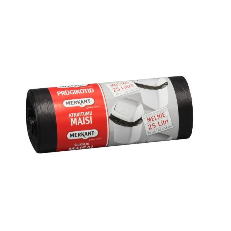 Atkritumu maisi 25L, 45x58cm, melni, 8mirk,  HDPE, MERKANT, 30gab/rul, 28rul/kastē