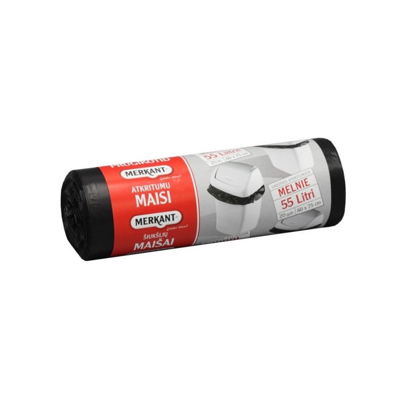 Atkritumu maisi 55L, 60x75cm, melni, 12mikr, HDPE, MERKANT, 20gab/rul, 28rul/kastē