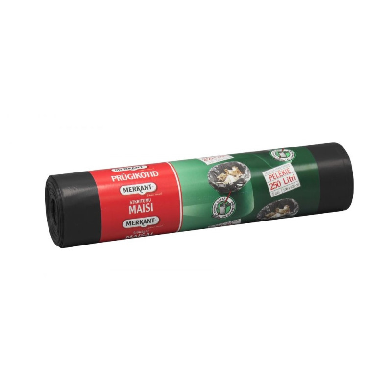 Atkritumu maisi 250L, 100x125cm, pelēki, 45mikr, LDPE, MERKANT, 5gab/rul, 8rul/kastē