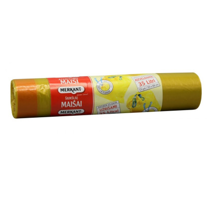 Atkritumu maisi 35L, 55x68cm, dzelteni, aizvelkami, 25mikr, LDPE, MERKANT, 15gab/rul, 18ru