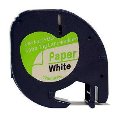 Marķēšanas lente DYMO LetraTag, 12mm x 4m, melni burti uz balta fona (papīrs), ALT